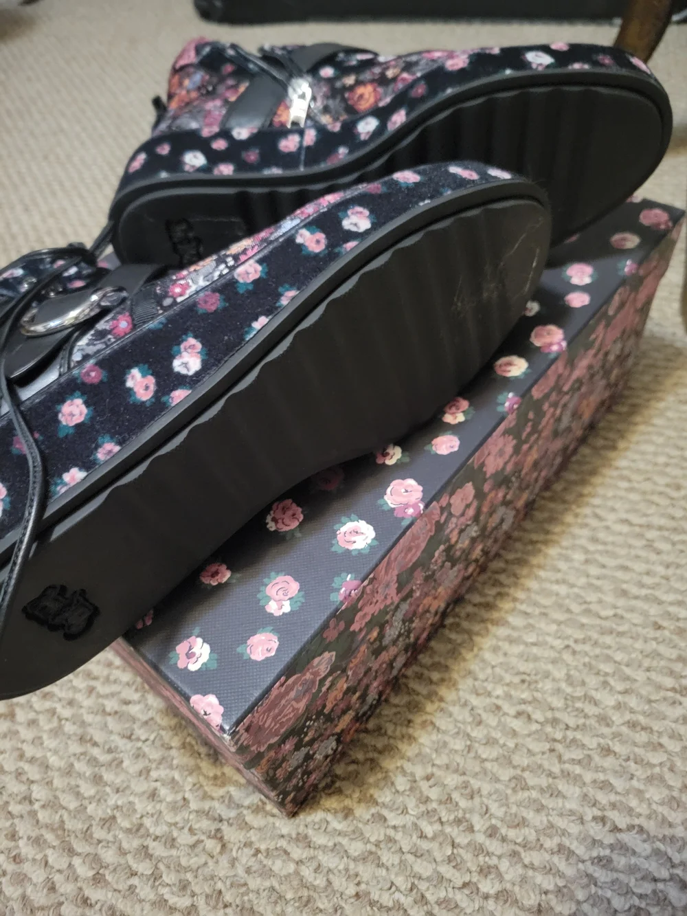 Coach Floral Lace-Up Ankle Boots in Black with Pink & Multicolor Floral Print